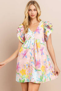 Floral Printed Dress in Blush | V Neckline Button Down Mini Dress