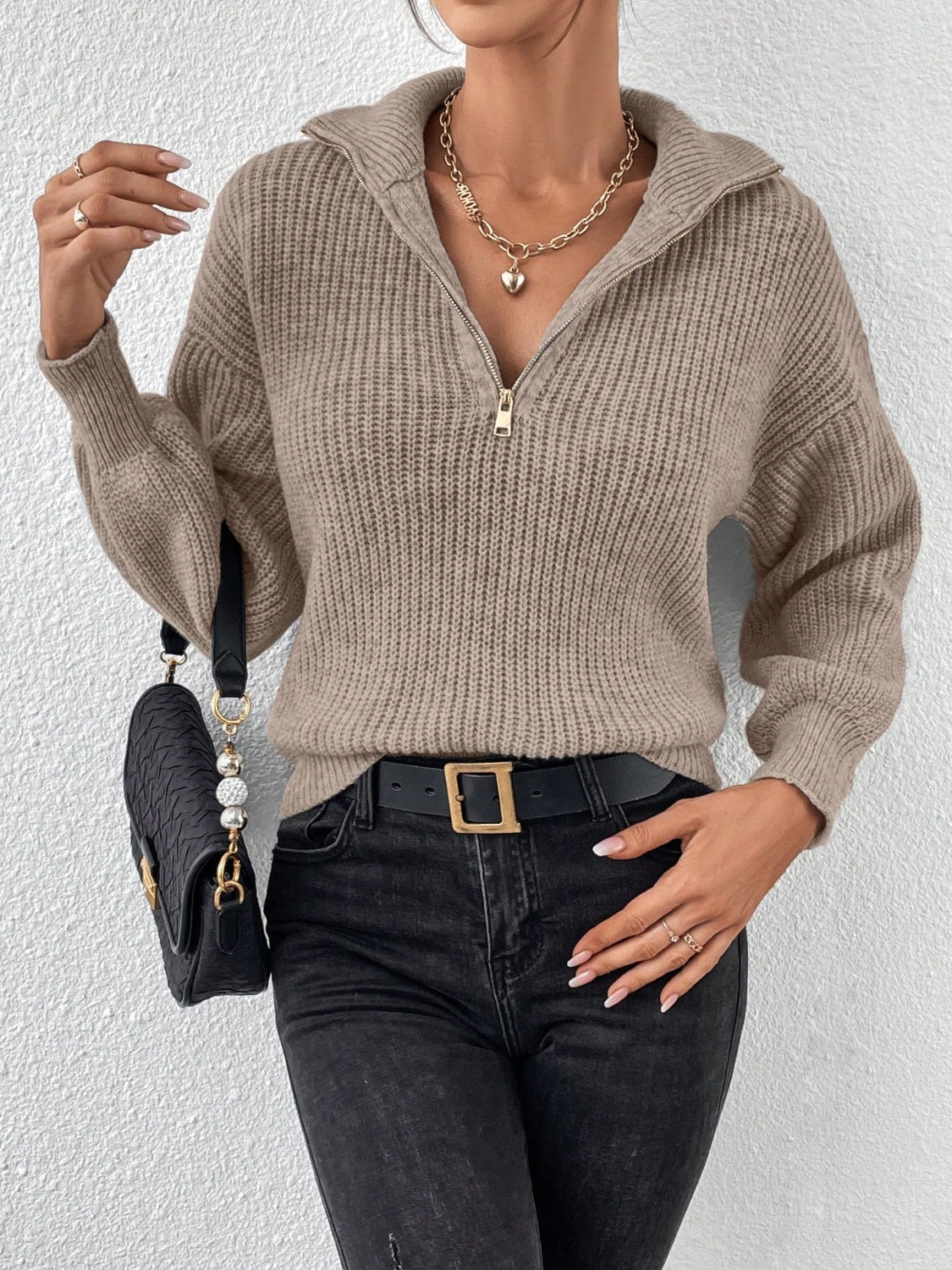 Honey Half Zip Dropped Shoulder Sweater Trendsi