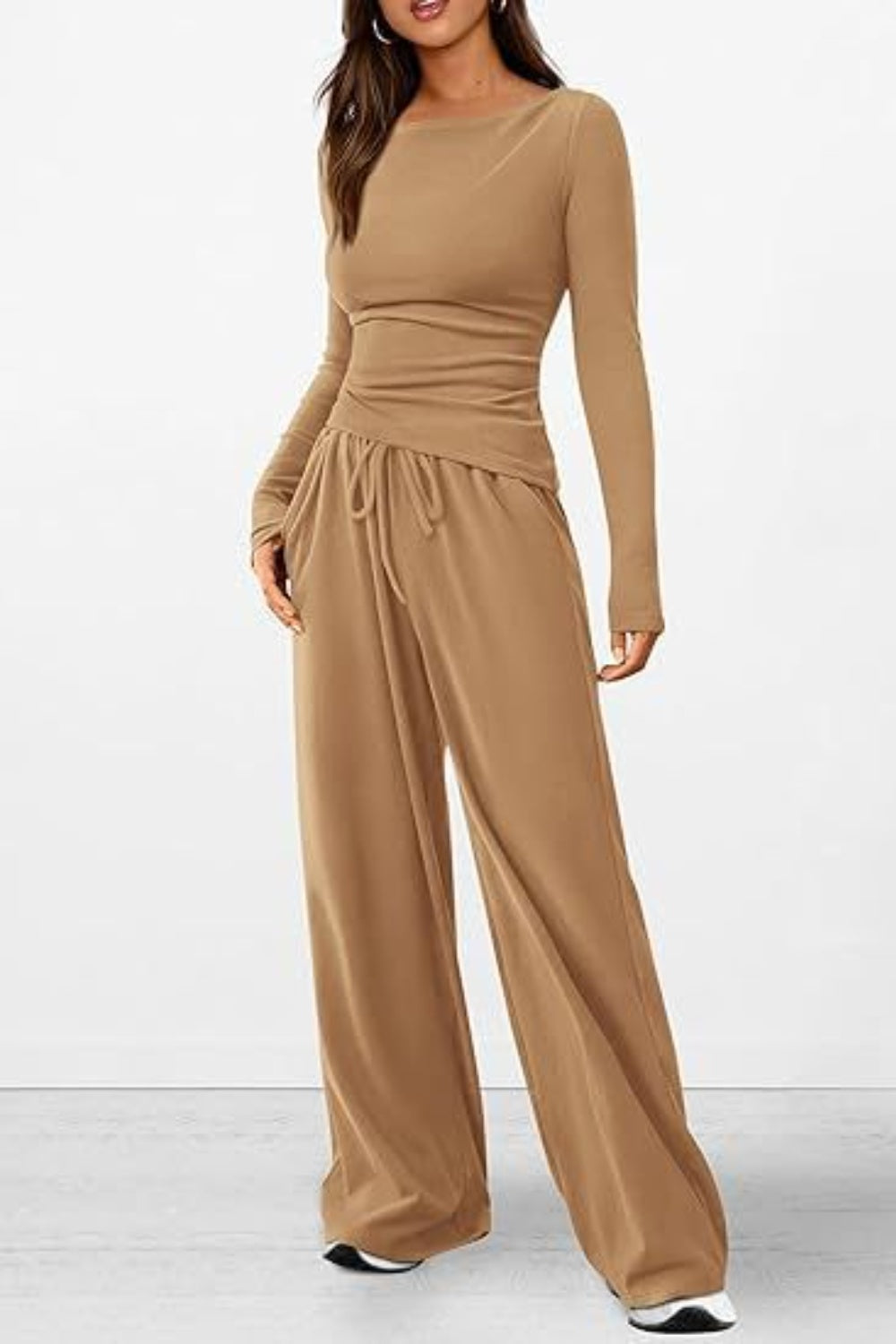 Round Neck Long Sleeve Top and Pants Set Trendsi