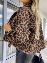 Raw Hem Leopard Collared Neck Denim Jacket Trendsi