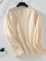 Cable-Knit Notched Long Sleeve Sweater Trendsi