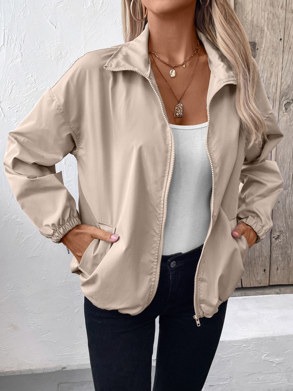 Pocketed Zip Up Long Sleeve Jacket Trendsi