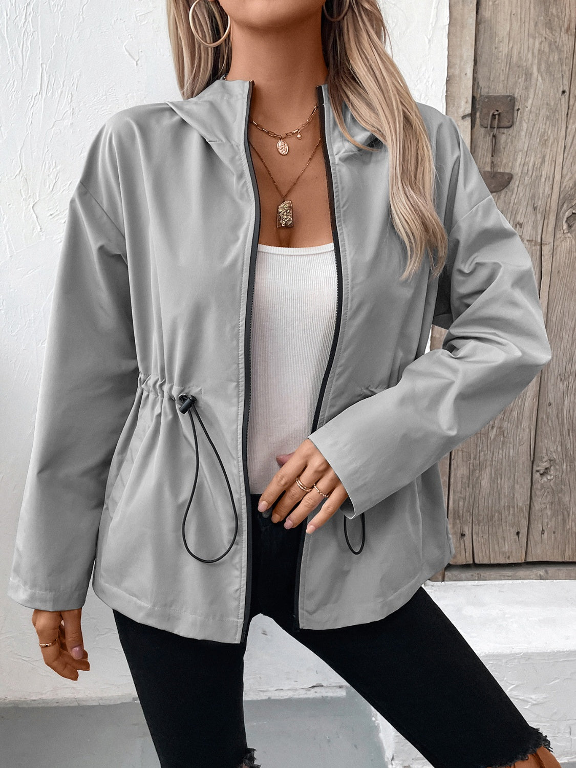 Drawstring Zip Up Hooded Jacket Trendsi