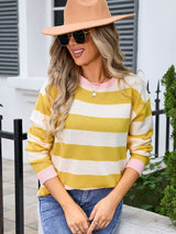 Striped Round Neck Dropped Shoulder Sweater Trendsi