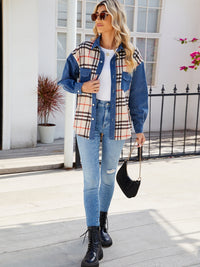 Plaid Long Sleeve Denim Jacket Trendsi