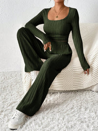 Scoop Neck Long Sleeve Top and Pants Set Trendsi