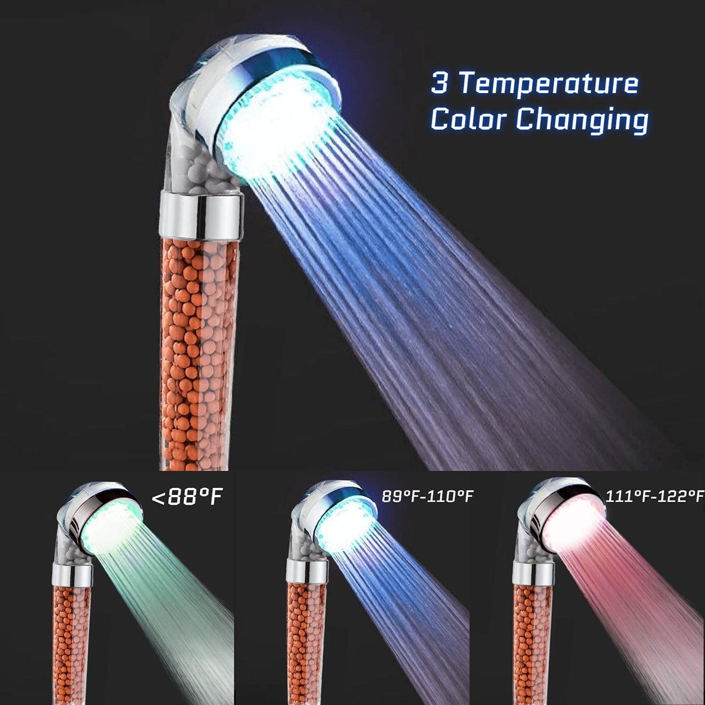 LED Shower Heads with 3 Color Changing - Filtered Shower Head with Temperature Controlled, High Pressure Shower Heads with Hose and Bracket