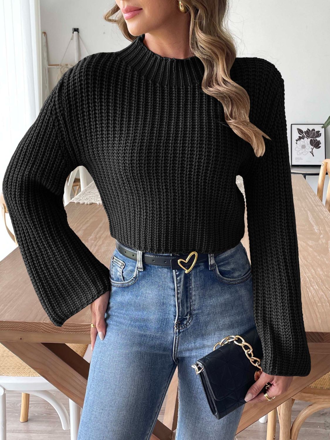 Mock Neck Long Sleeve Sweater Trendsi