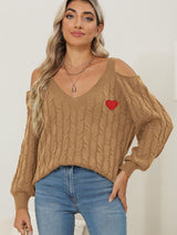 Cable-Knit Heart V-Neck Sweater Trendsi