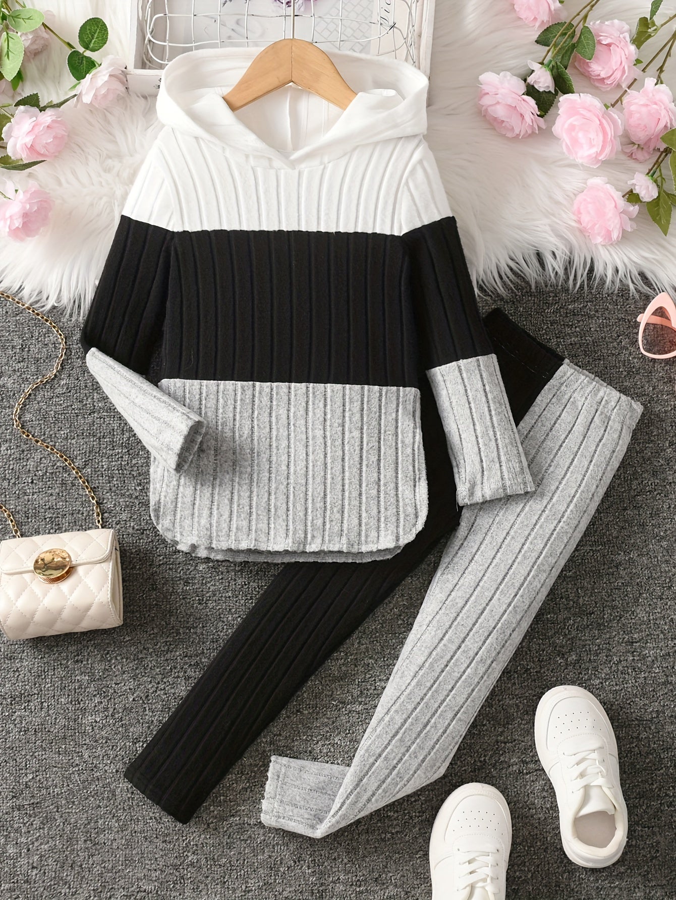 2pcs Contrast Color Hooded Ribbed Long Sleeve Hoodie Top + Slim Pants Set - Cozy Winter Fall Clothes for Girls with Casual Style Dropshipman