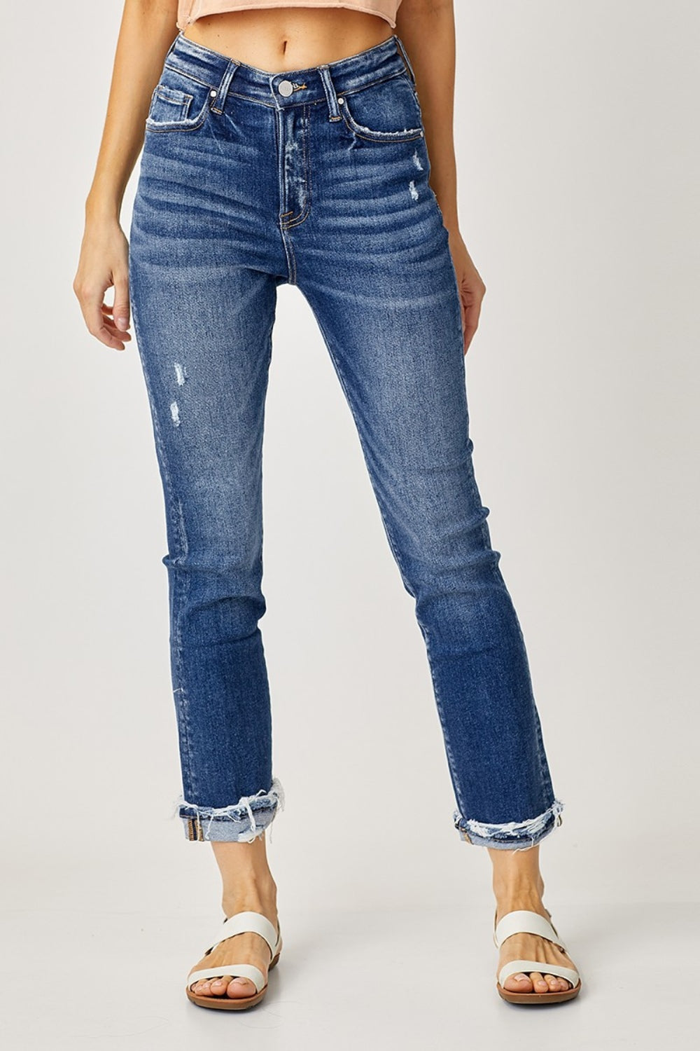 Risen Full Size High-Rise Frayed Cuffed Straight Jeans Trendsi