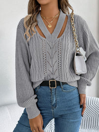 Cutout V-Neck Long Sleeve Sweater Trendsi