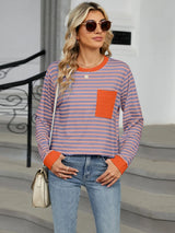 Pocketed Striped Round Neck Long Sleeve T-Shirt Trendsi