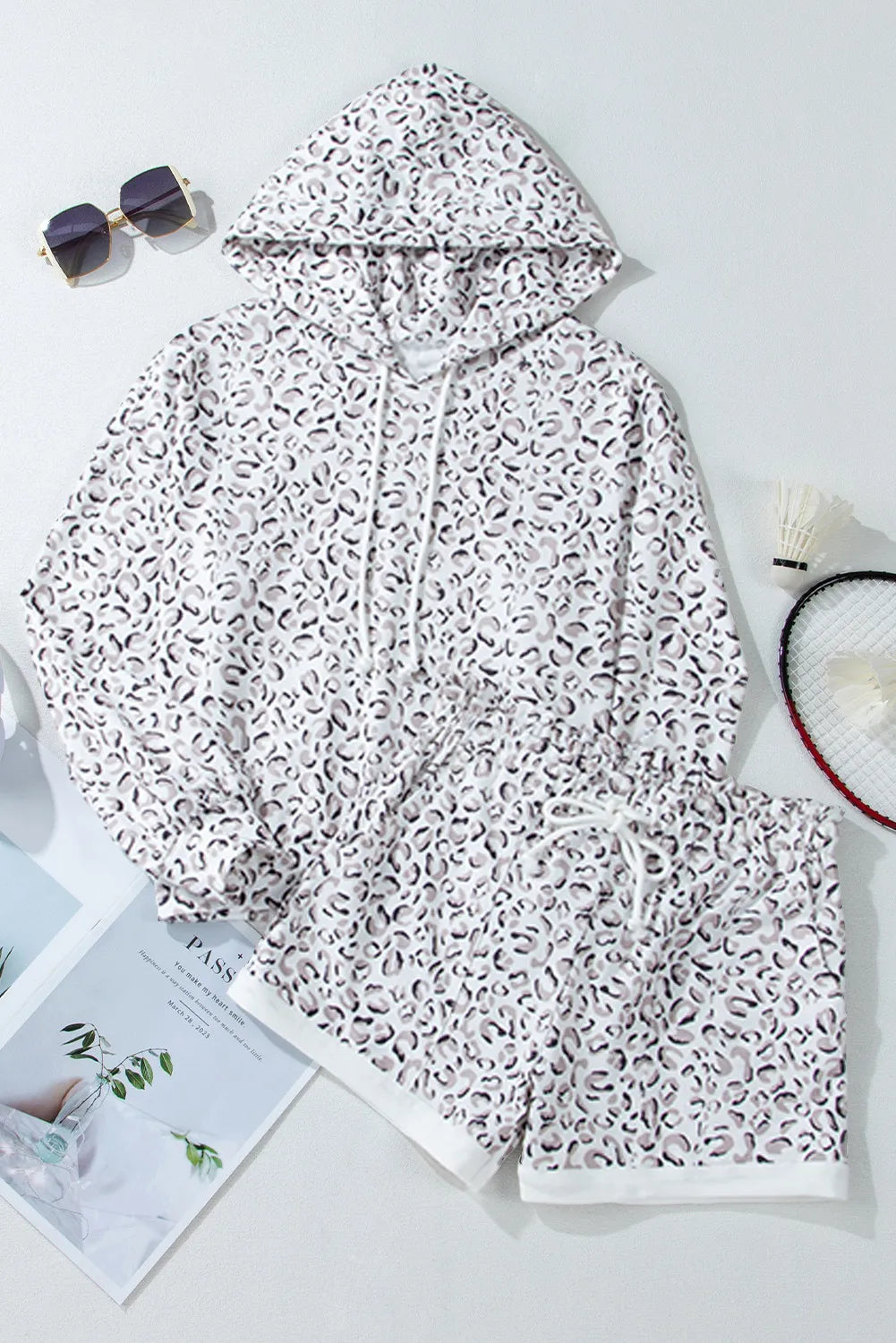 Drawstring Leopard Long Sleeve Hooded Top and Shorts Set Trendsi