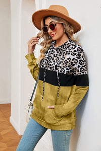 Leopard Drawstring Hoodie with Pocket Trendsi