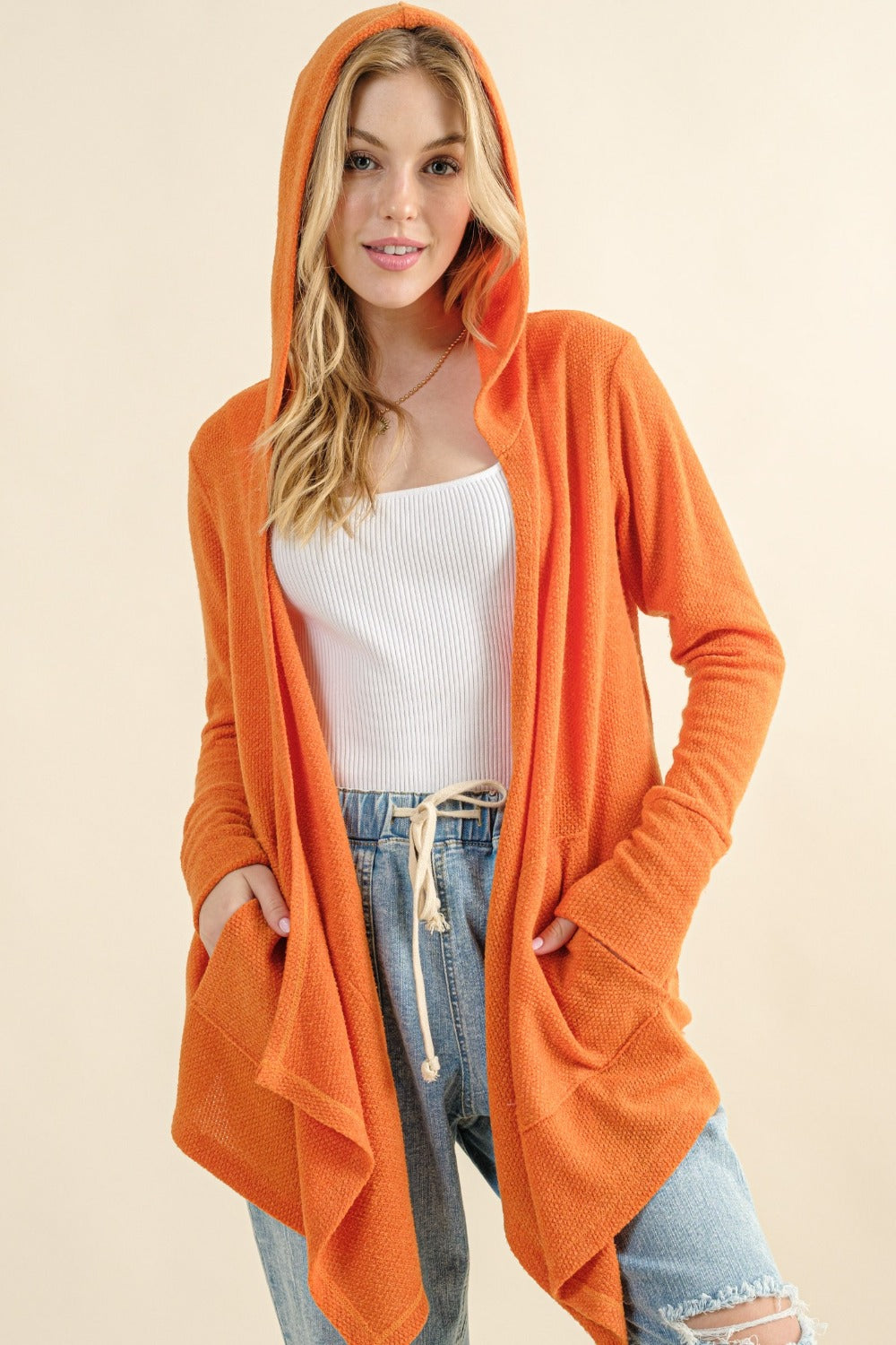 And The Why Full Size Thermal Hooded Open Front Cardigan with Pockets Trendsi