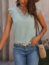 Lace Detail V-Neck Cap Sleeve Top Trendsi