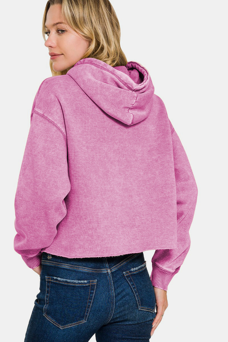 Zenana Acid Wash Fleece Cropped Hoodie Trendsi