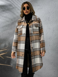 Plaid Collared Neck Long Sleeve Coat Trendsi