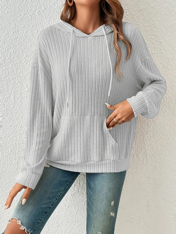 Fashion Drawstring Long-sleeved Hooded Sweatshirt With Pockets Solid Sunken Stripe Hoodie Knitwear Womens Clothing InSpaceX Fashion