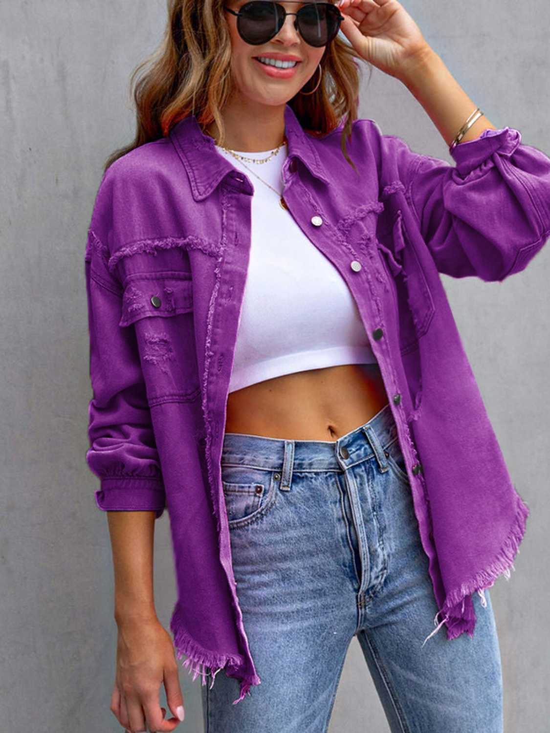 Distressed Drop Shoulder Denim Jacket Trendsi