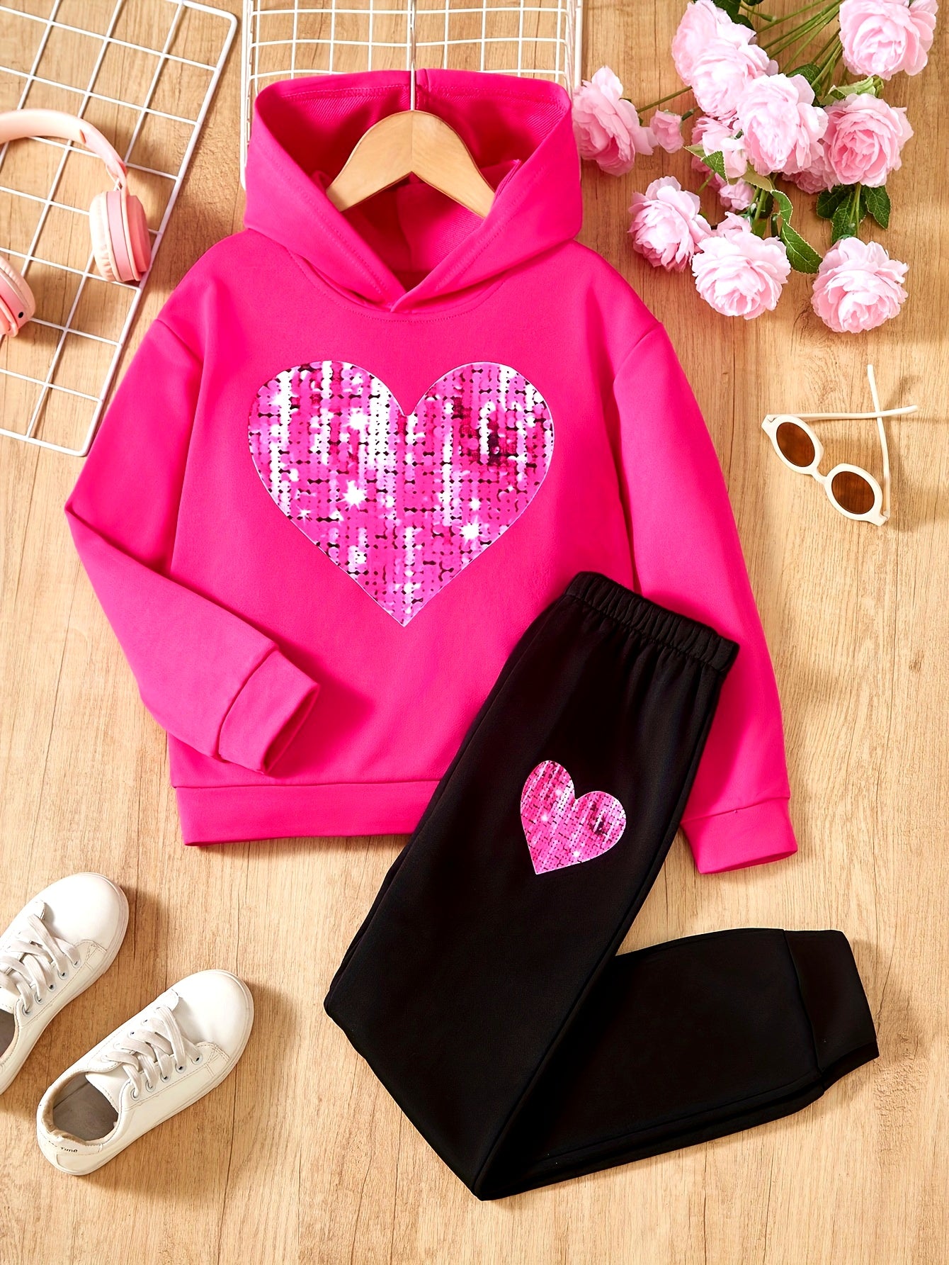 2pcs Girls' Ombre Heart Print Long Sleeve Hoodie Set - Pant Sets for Spring/Fall, Casual Outfit, Gift Idea with Long Sleeve Hoodie Top and Trousers Dropshipman