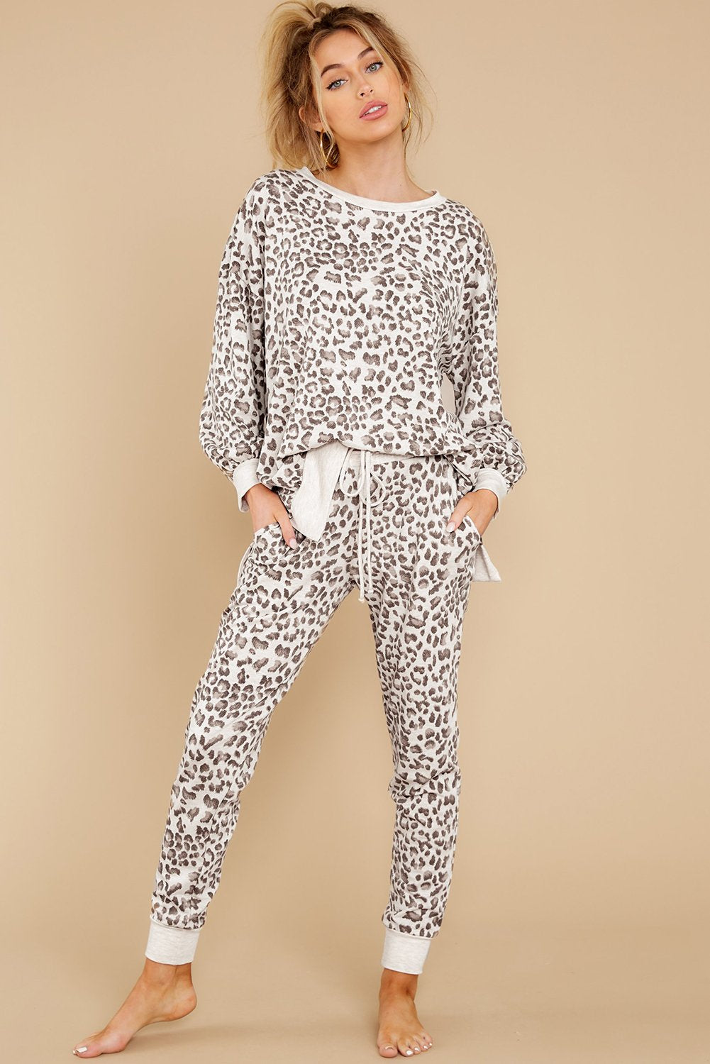 Print Long Sleeve Top & Drawstring Joggers Loungewear Jade