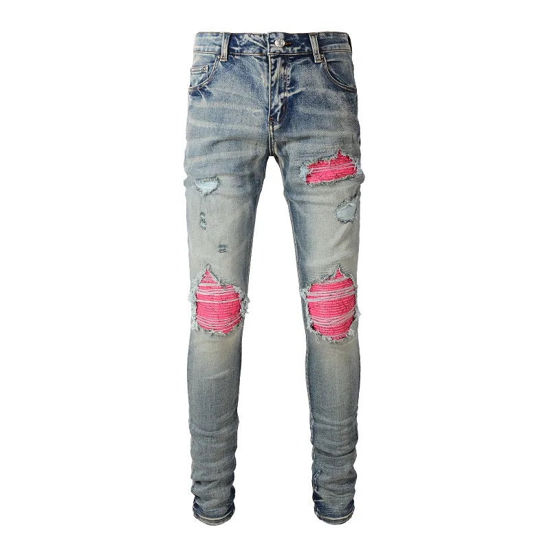 Men's Cracked Patch Biker Jeans Streetwear Pleated Patchwork Stretch Denim Pants Holes Ripped Distressed Skinny Tapered Trousers Spocket