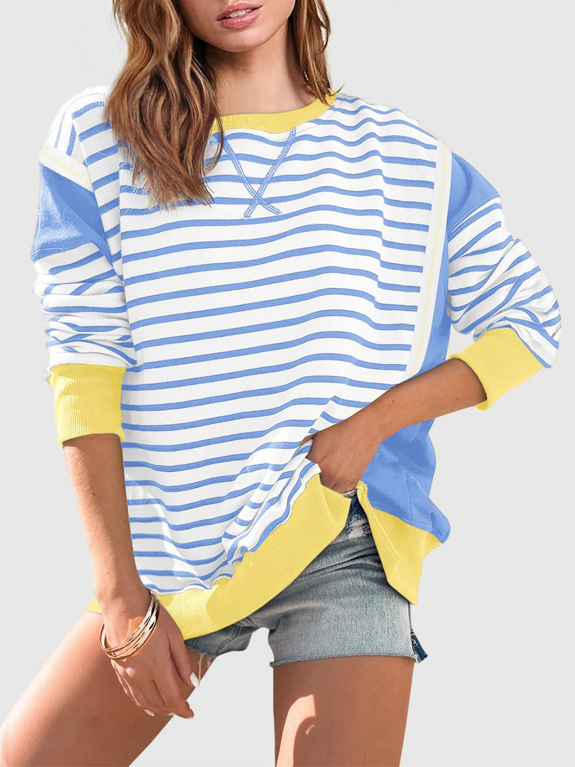 Slit Exposed Seam Striped Long Sleeve Sweatshirt Trendsi