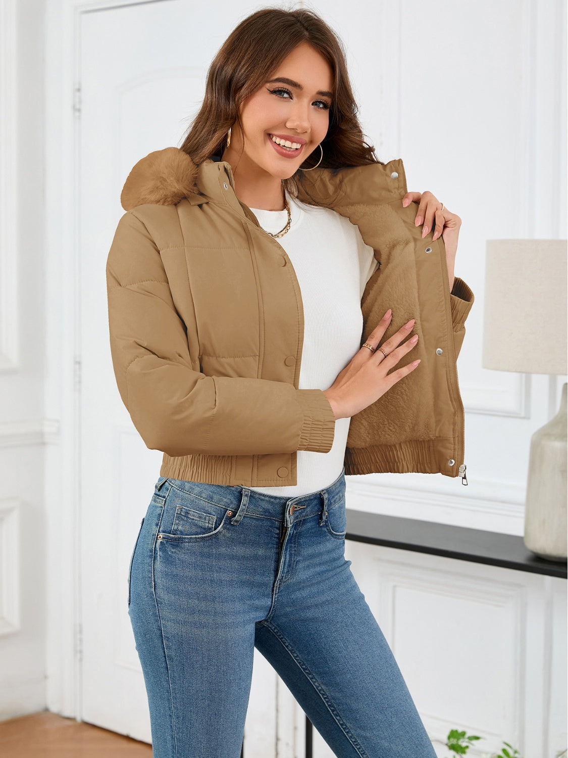 Pocketed Long Sleeve Cropped Hooded Winter Coat Trendsi