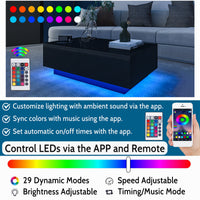 LED Coffee Table with 4 Drawers Center Cocktail Side Table Black High Gloss Finish