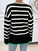 Striped V-Neck Long Sleeve Knit Top Trendsi