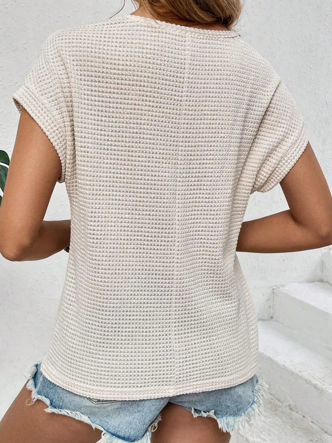 Waffle-Knit Round Neck Short Sleeve Top Trendsi