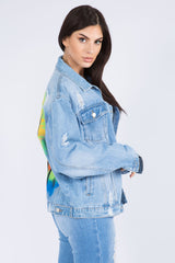 American Bazi Full Size Painted Back Distressed Denim Jacket Trendsi