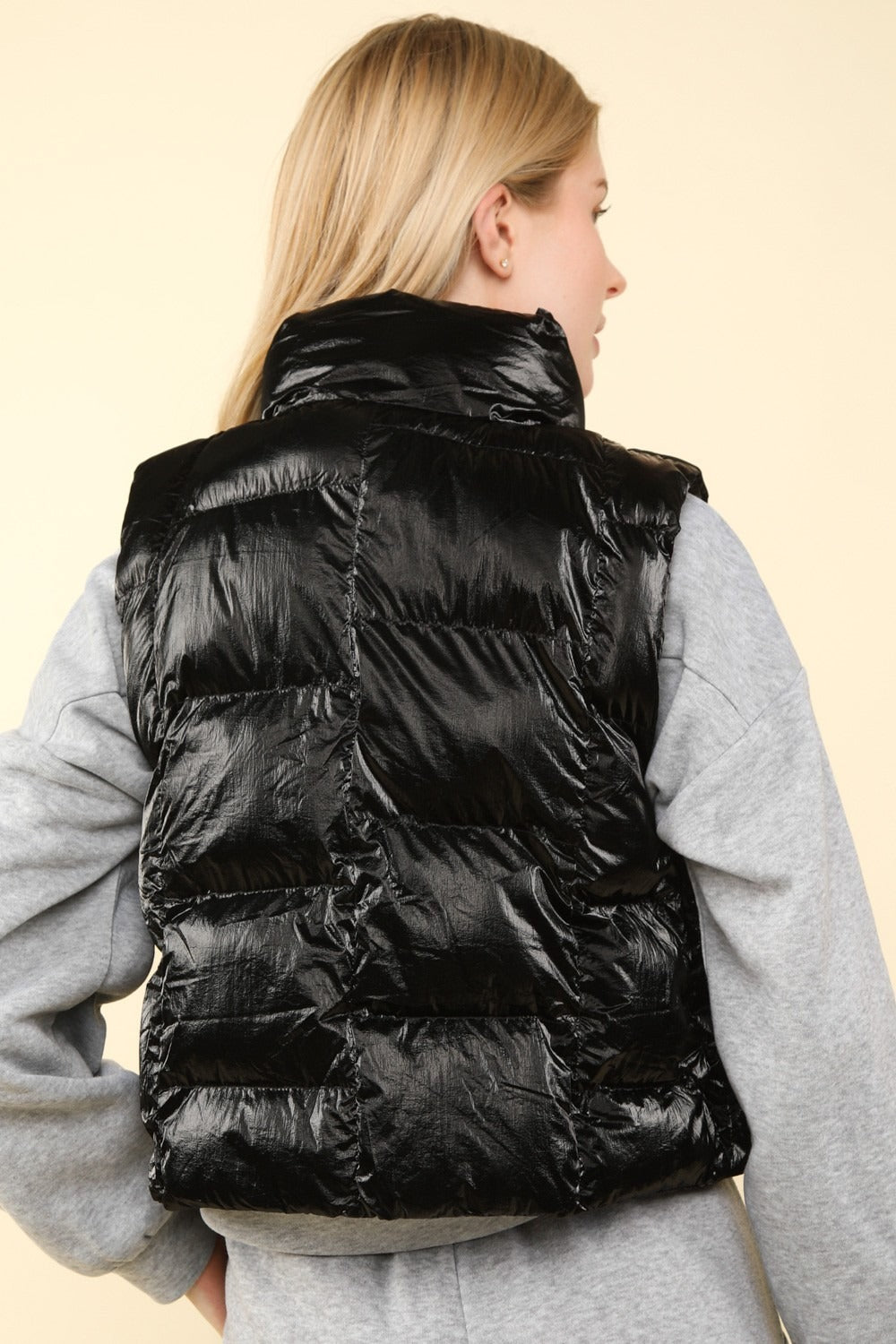 VERY J Shiny Metallic Zip Up Puffer Vest Trendsi