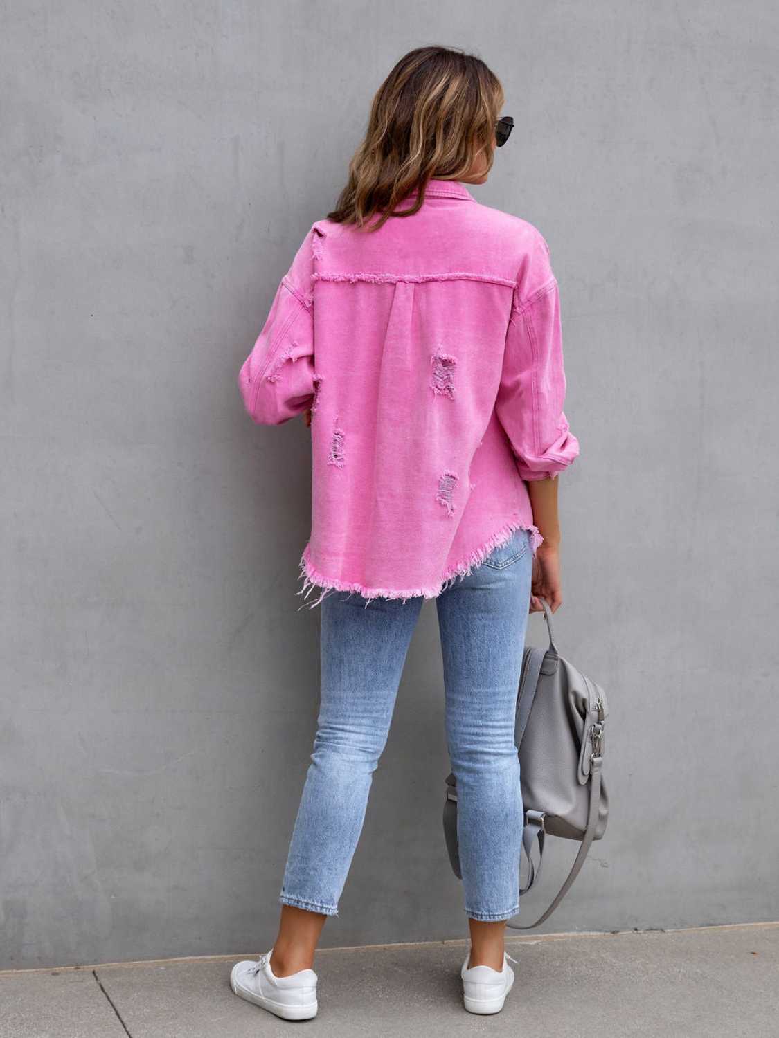 Distressed Drop Shoulder Denim Jacket Trendsi