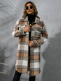 Plaid Collared Neck Long Sleeve Coat Trendsi