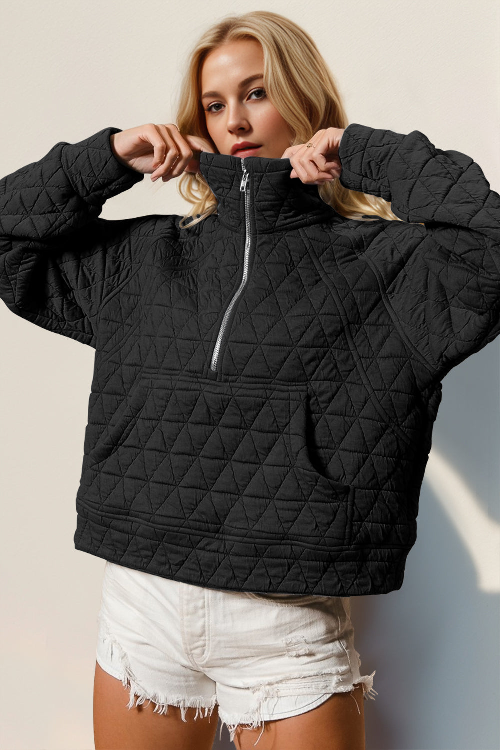 Double Take Half Zip Long Sleeve Quilted Sweatshirt with Pocket Trendsi