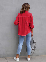 Distressed Drop Shoulder Denim Jacket Trendsi