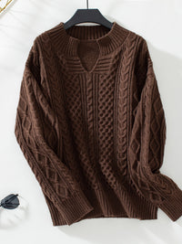 Cable-Knit Notched Long Sleeve Sweater Trendsi