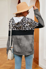 Leopard Drawstring Hoodie with Pocket Trendsi