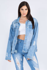 American Bazi Full Size Painted Back Distressed Denim Jacket Trendsi