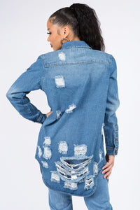 American Bazi Distressed Button Down Denim Shirt Jacket Trendsi