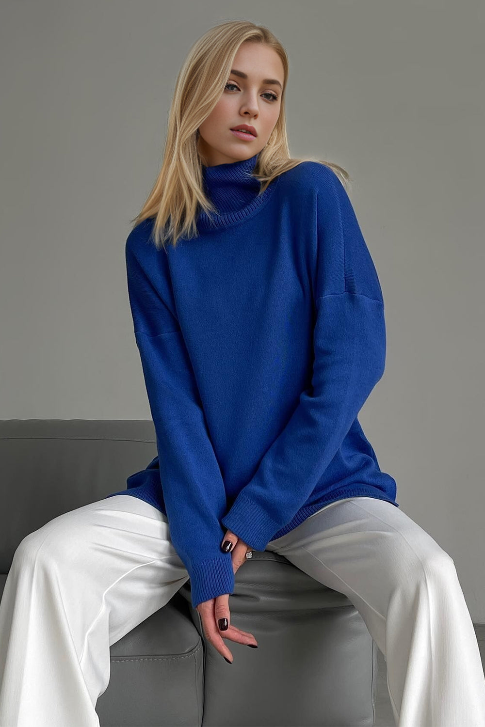 Basic Bae Side Slit Turtleneck Dropped Shoulder Sweater Trendsi