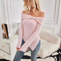 Women's Trendy Knit Ribbed Tops Bow Tie One Shoulder Long Sleeve Sweater Slim Cute Split Shirts Dressy Tops Cjdropshipping