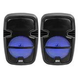 PBX-808TWS TWO 8 INCH PORTABLE PA SPEAKER SYSTEMS with 2 SPEAKERS, 2 SPEAKER STANDS, 2 WIRED MICROPHONES and 2 REMOTES