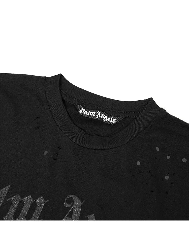 Palm Angels Summer Fashion Trend Ink Splash Holes Do Old Design Letters Printed Short-Sleeved T-Shirt Men and Women Cotton Tops Alidrop