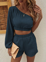 Honey One Shoulder Long Sleeve Top and Shorts Set Trendsi