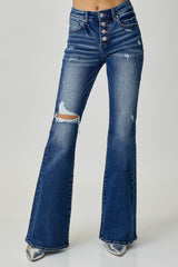 RISEN Distressed Button-Fly Flare Jeans Trendsi