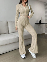 Zip Up Long Sleeve Top and Pants Set Trendsi